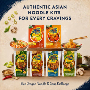 Blue Dragon Asian noodle kits including Tom Yum, Chow Mein, Satay, Pad Thai, and Ramen flavors