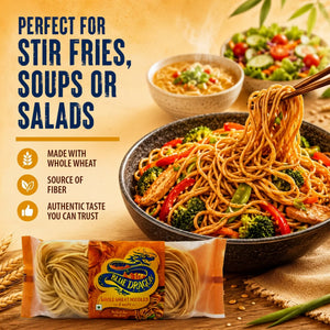 Blue Dragon whole wheat noodles for stir fries, soups, or salads with veggies and chicken