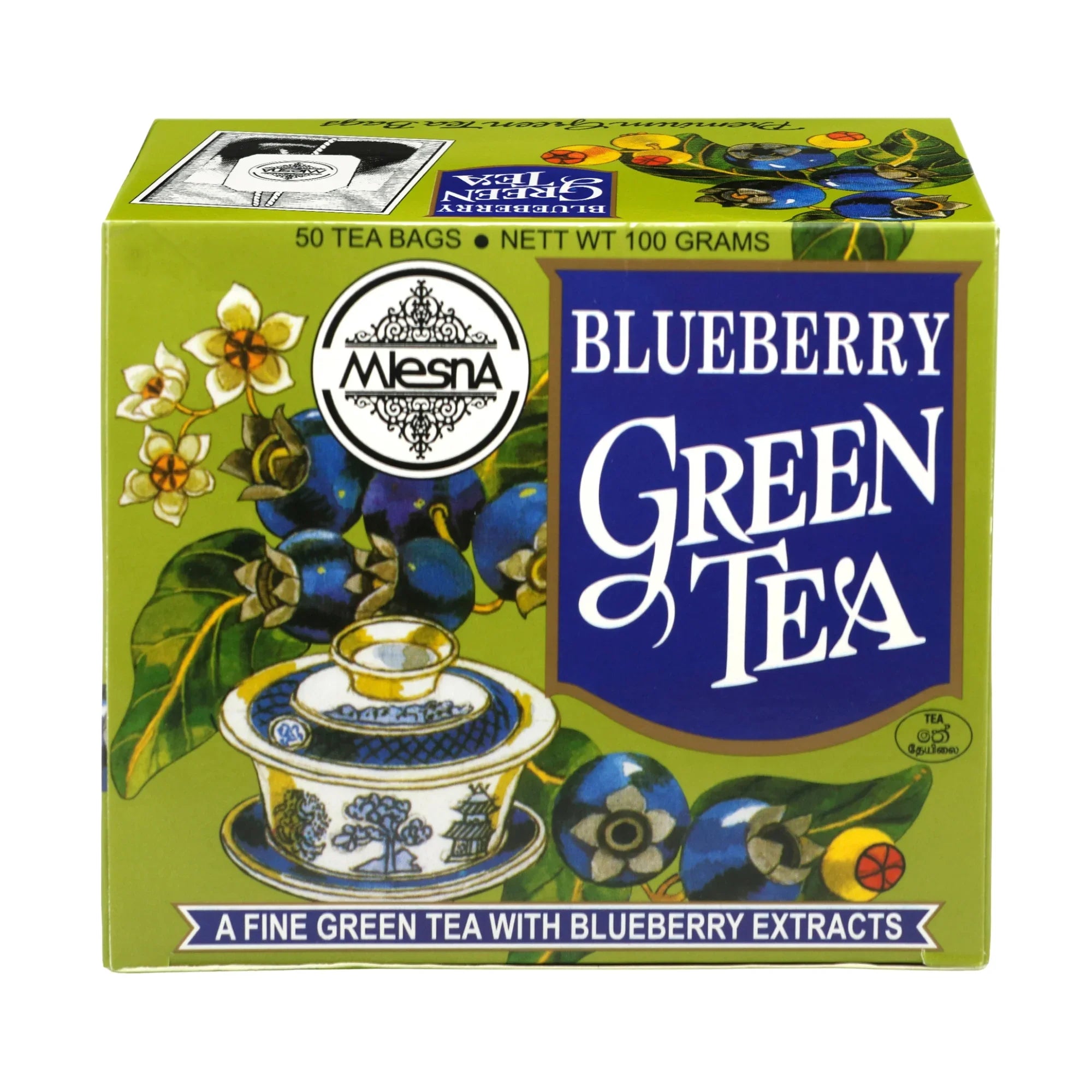 Box of blueberry green tea with floral design, teacup illustration, and bold product text