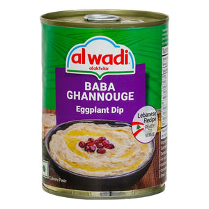 Can of Baba Ghannouge eggplant dip with pomegranate topping, ready to serve Lebanese recipe.