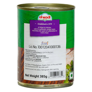 Back view of Al Wadi canned food product, showing label details and barcode, 385g