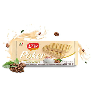 Gastone Lago Poker Cappuccino wafer biscuits with coffee beans and splash on white background