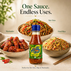 Blue Dragon ginger and chilli sauce bottle with bowls of stir-fried noodles, fried rice, and marinated wings.