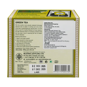 Back of a Ceylon green tea box showing product details, brewing instructions, and expiry date