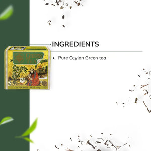 Box of Ceylon green tea, tea leaves scattered, and ingredients list on white background.
