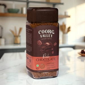 Coorg Valley instant coffee jar rich chocolate flavour freeze dried 50g on kitchen counter