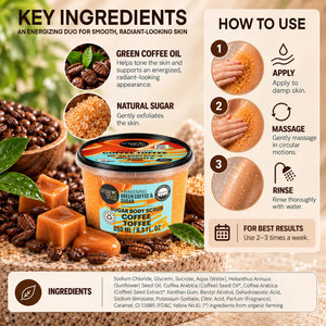 Organic Shop Coffee Toffee Sugar Body Scrub with key ingredients and usage instructions.