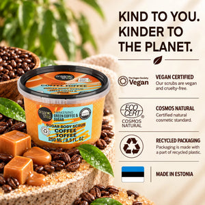 Organic Shop Awakening Coffee Toffee Sugar Body Scrub with eco-cert and vegan labels.