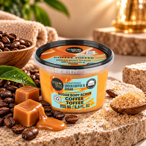 Organic Shop Awakening Green Coffee & Sugar Body Scrub with coffee beans and caramel pieces.