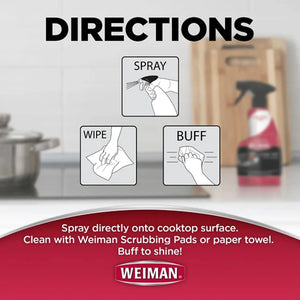 Weiman cooktop cleaner spray, wipe, buff instructions for shiny surfaces