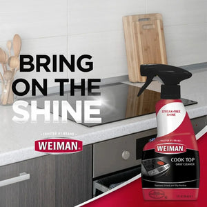 Weiman Cook Top Daily Cleaner spray bottle on kitchen counter, brings streak-free shine to stovetops