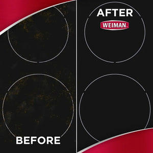 Before and after cleaning a black glass cooktop with Weiman product