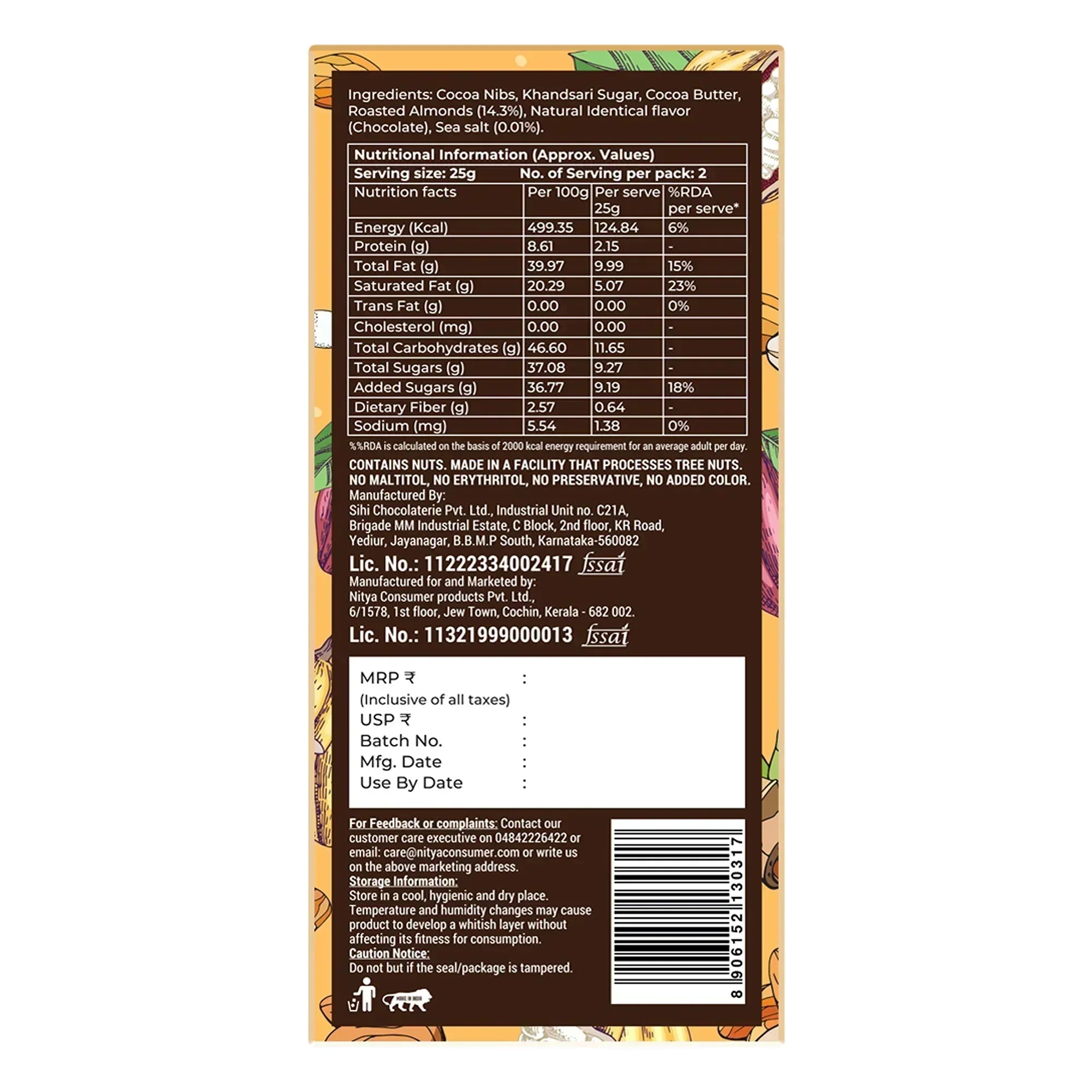 Back packaging of Coorg Valley Chocolate Almonds Sea Salt bar with ingredients, nutrition facts, and contact details, featured for Sunbeam Merchantile Ventures imported gourmet range.