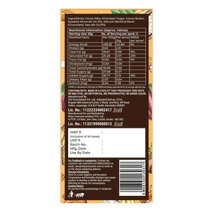 Back packaging of Coorg Valley Chocolate Almonds Sea Salt bar with ingredients, nutrition facts, and contact details, featured for Sunbeam Merchantile Ventures imported gourmet range.