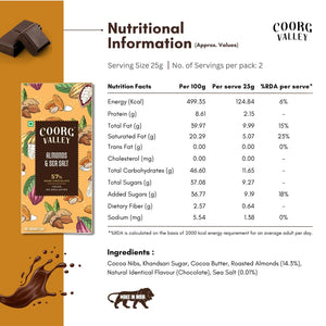 Coorg Valley almonds and sea salt dark chocolate nutrition facts and ingredients label