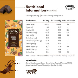 Coorg Valley Almonds & Sea Salt dark chocolate bar with nutritional facts and ingredient list