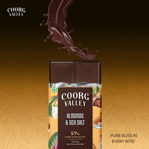 Coorg Valley 57% dark chocolate bar with almonds and sea salt, vegan and no emulsifier