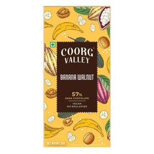 Coorg Valley Banana Walnut 57% dark chocolate bar with banana, walnut, and cocoa illustrations