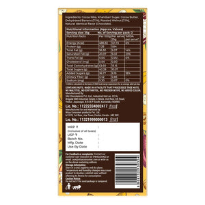 Back of banana walnut chocolate bar pack showing ingredients, nutrition info, and details.