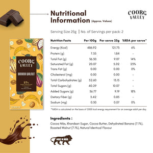 Coorg Valley Banana Walnut dark chocolate bar with nutrition facts and ingredients list.