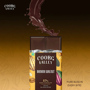 Coorg Valley Banana Walnut 57% dark chocolate bar with splash of melted chocolate on brown background