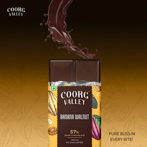 Coorg Valley Banana Walnut 57% dark chocolate bar with vegan label and chocolate splash on gradient background.
