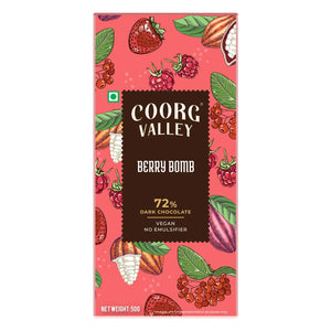 Coorg Valley Berry Bomb 72% dark chocolate bar with strawberry and berry illustrations, vegan, no emulsifier