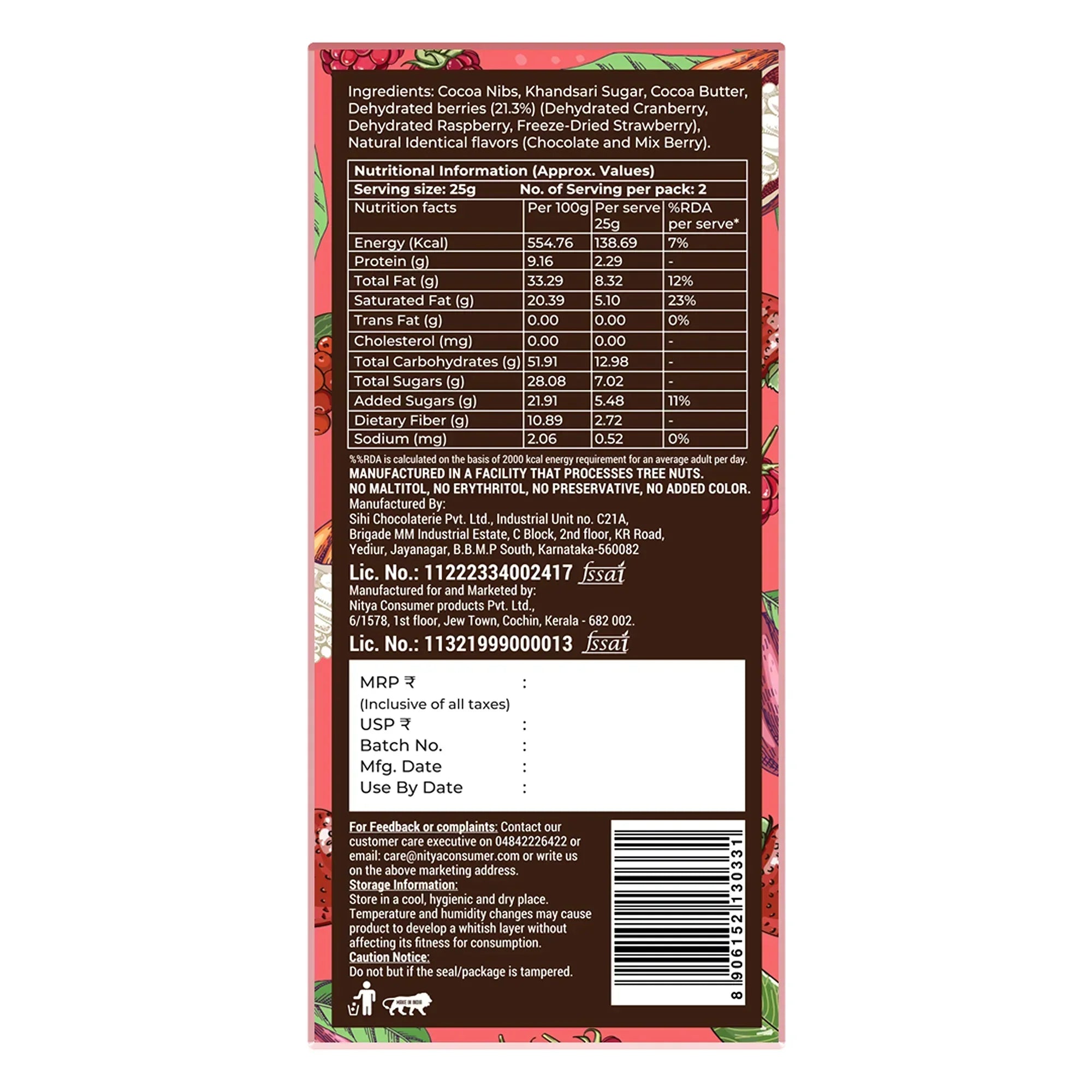 Nutrition facts and ingredients label of Coorg Valley Chocolate Berry Bomb with macros and storage instructions