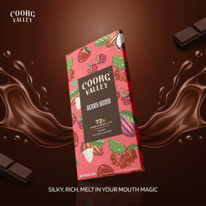 Coorg Valley Berry Bomb 72% dark chocolate bar with berry illustrations and chocolate splash