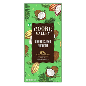 Coorg Valley caramelized coconut 57% dark chocolate vegan bar with green tropical design