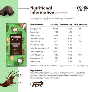 Coorg Valley Caramelized Coconut 57% dark chocolate nutrition facts and ingredients with green background