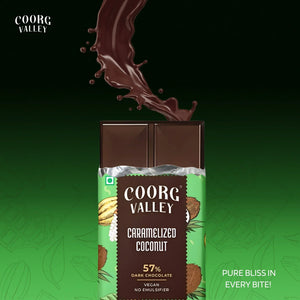 Coorg Valley caramelized coconut dark chocolate bar with splash of flowing chocolate