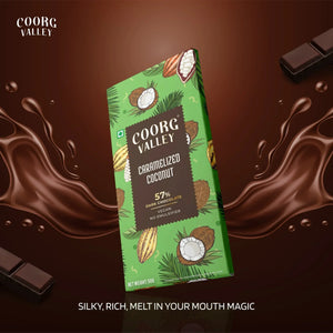 Coorg Valley Caramelized Coconut 57% dark chocolate vegan bar with green packaging and chocolate splash background