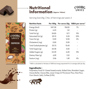Coorg Valley Crispaccino 42% dark chocolate nutrition facts and ingredients label on beige background
