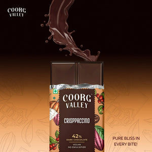 Coorg Valley Crisppaccino 42% vegan dark chocolate bar with splash of melted chocolate