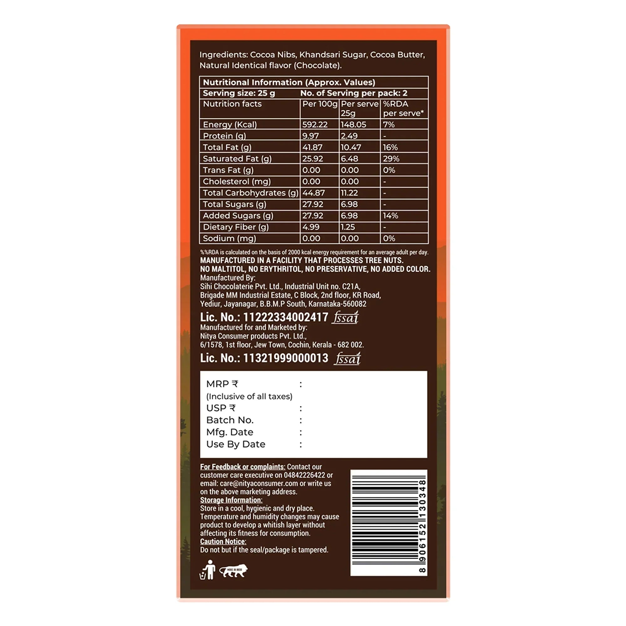 Chocolate bar nutrition facts label showing ingredients, serving size, energy, fats, sugars, and storage info