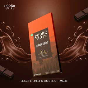 Coorg Valley Intense Indian 72% dark chocolate bar with vegan no emulsifier label against brown background