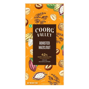 Coorg Valley roasted hazelnut 42% dark chocolate bar, vegan, no emulsifier, 50g