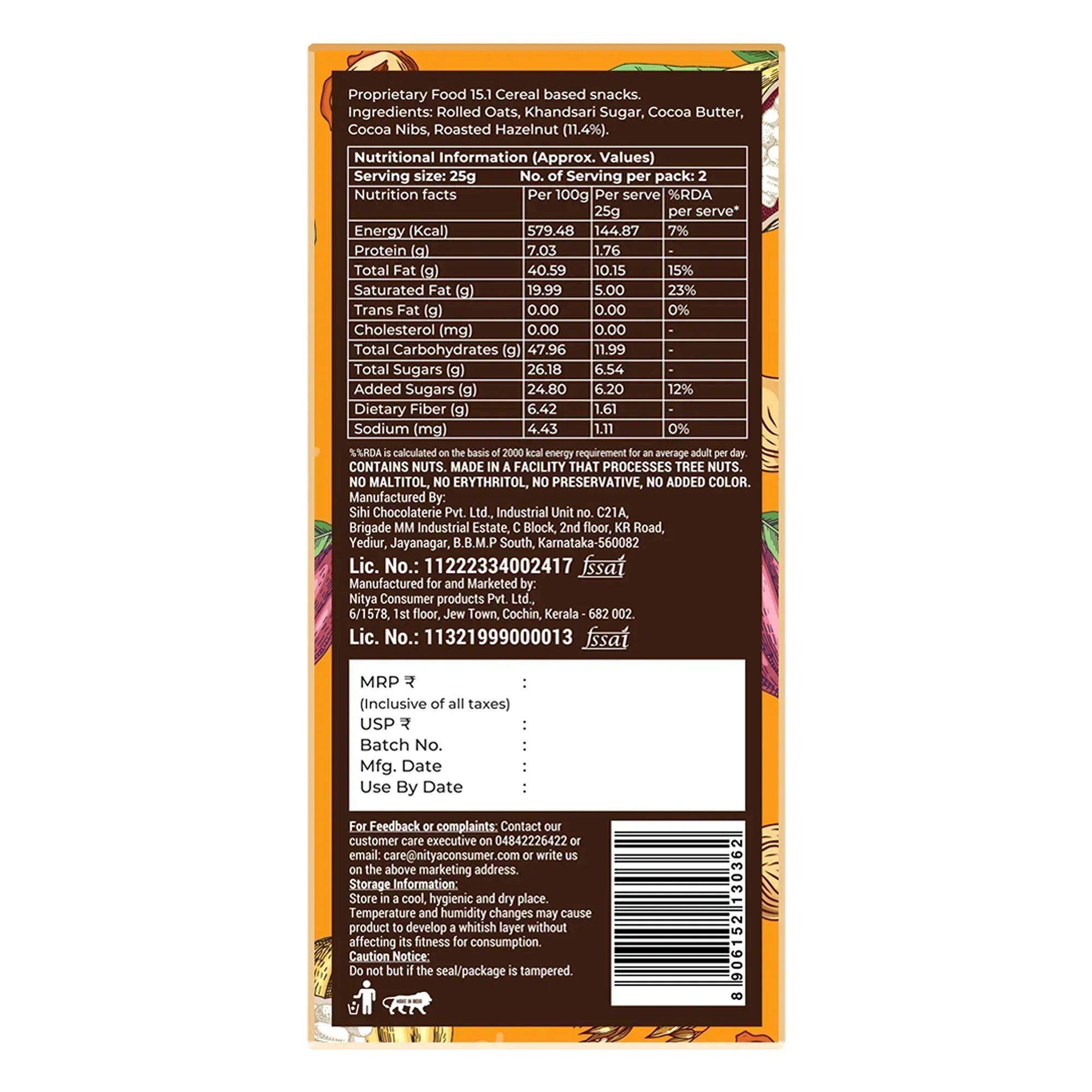 Nutrition facts and ingredients label of Coorg Valley Roasted Hazelnut cereal snacks with oats, sugar, cocoa butter, and cocoa nibs