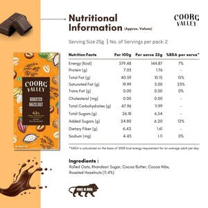 Coorg Valley Roasted Hazelnut Dark Chocolate nutritional facts and ingredients label