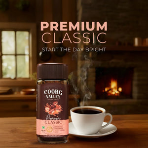 Coorg Valley Premium Classic instant coffee jar and steaming cup on wooden table in cozy room