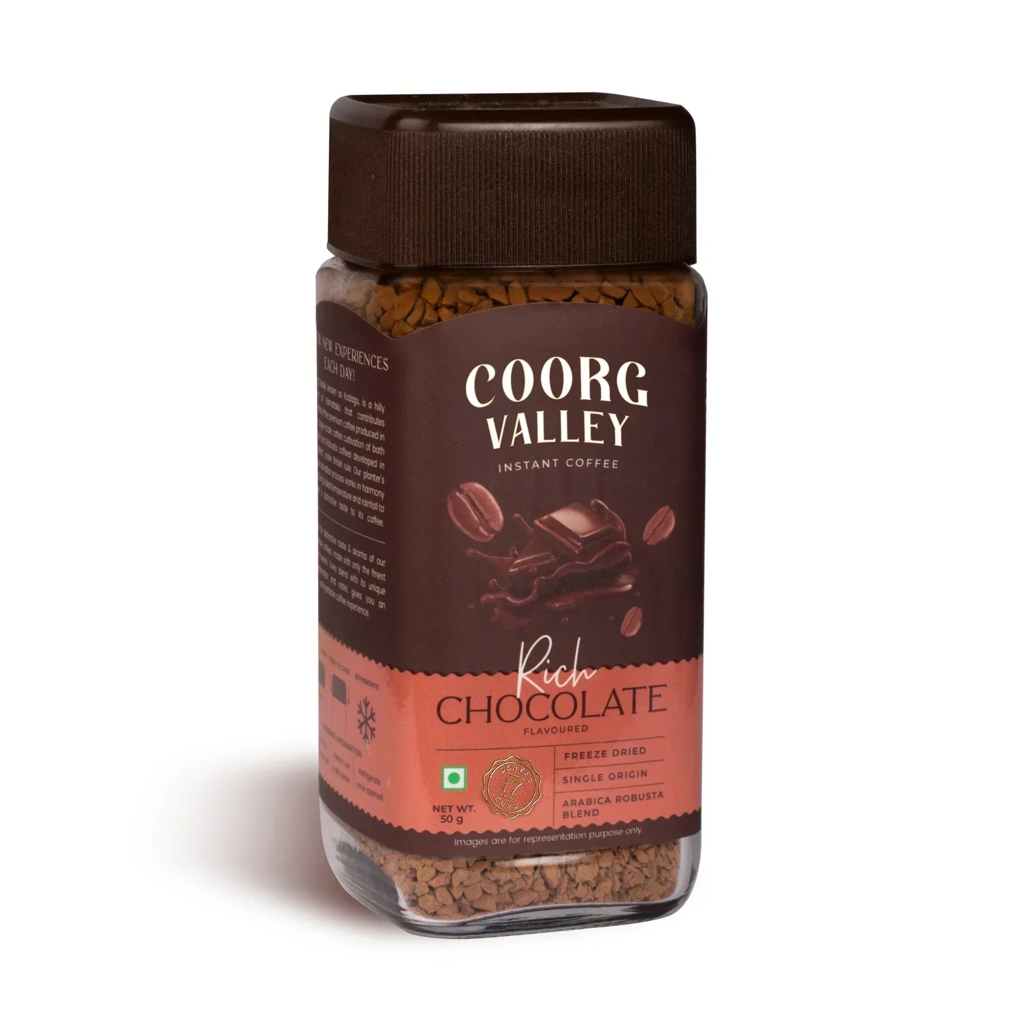 Coorg Valley instant coffee jar with rich chocolate flavor, 50g, brown packaging, front view