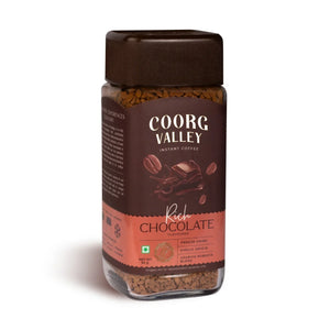Coorg Valley instant coffee jar with rich chocolate flavor, 50g, brown packaging, front view