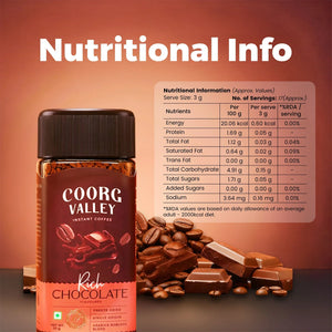 Coorg Valley Rich Chocolate instant coffee jar with chocolate pieces, coffee beans, and nutrition facts.