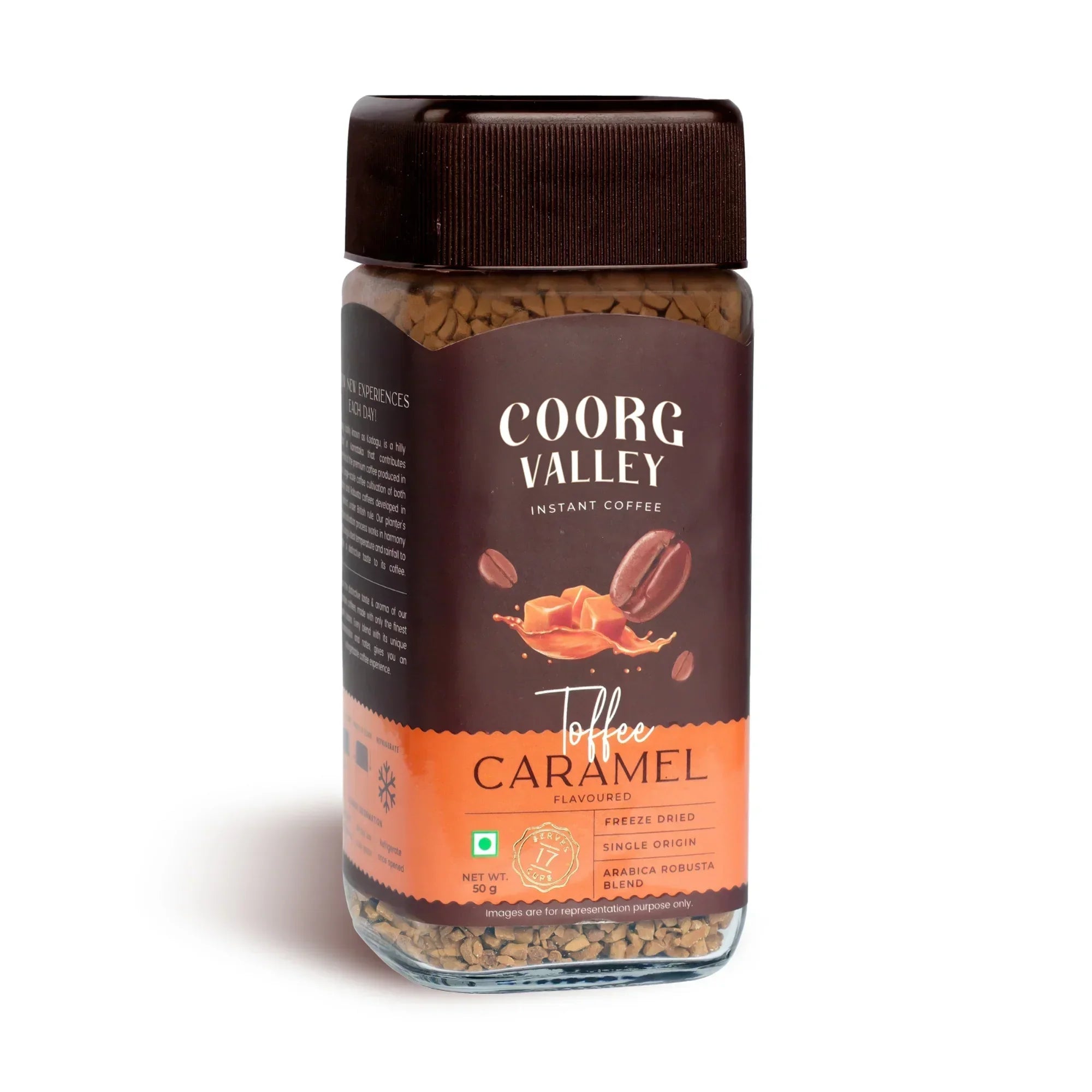 Coorg Valley Toffee Caramel instant coffee jar, freeze dried, 50g, with coffee beans and caramel pieces on label
