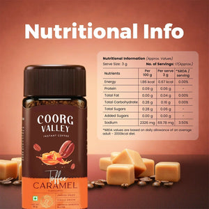 Coorg Valley Toffee Caramel instant coffee jar with coffee beans, caramel cubes, and nutrition table