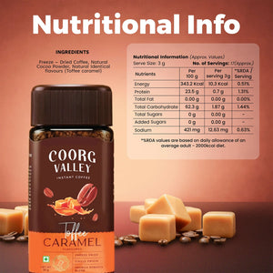 Nutritional information and ingredients for Coorg Valley Toffee Caramel freeze-dried instant coffee.