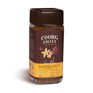 Coorg Valley Vanilla Hazelnut instant coffee jar, freeze dried, 50g, front label visible