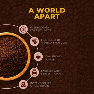 Instant coffee granules in a wooden bowl with text highlighting freeze-dried, Arabica Robusta blend, 100% strong, single origin, 50g jar serves 17 cups.