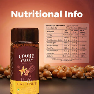 Coorg Valley vanilla hazelnut instant coffee jar with nutritional information and hazelnuts.
